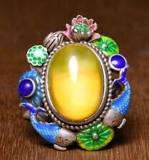 3cm vintage Chinese cloisonne silver inlaid gemstone fish lotus jewelry ring- picture