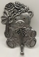 Pewter Silver Colored Teddy Bear Bow Flowers Wall Coat Hook Vintage 6” X 4.5” picture