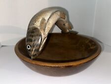 Vintage Hand Carved Folk Art Wood bowl w/ Trout Fish Handle Antique Wooden 13â€� picture
