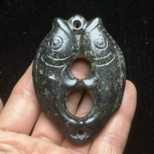 3 inch Chinese Hongshan Culture Black Magnet Jade Carving two Fish Pendant picture