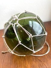 Vintage Green Blown Glass Fishing Float Ball Buoy with Netting 4 1/2 