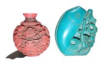 Lot of 2 Hand Carved Chinese Snuff Bottles Cinnabar Fish Wildlife Theme Vtg Asia picture