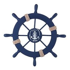Nautical Beach Wooden Boat Ship Steering Wheel Fishing Net Shell Home Deep Blue picture