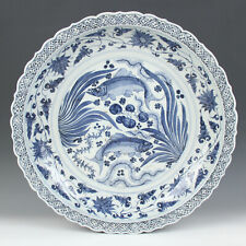 Large Chinese Antique Blue and White Porcelain Fish Pattern Plate picture