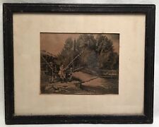 Antique Wood-framed Illustration of Gentlemen Fishing Bamboo Rods Circa 1860 picture