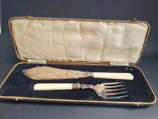 Vintage Boxed Set Of Faux Bone Silver Plated Ornate Serving Fish Knife & Fork picture