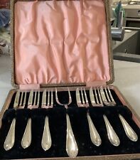Vintage Nickel Silver Plate Set of 6 Fish Forks  & Serving Prong. Boxed. picture