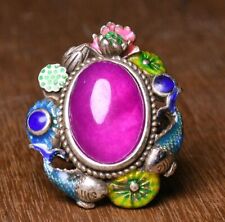 Old Chinese Cloisonne Silver Inlay Purple Jade Lotus Fish Jewelry Figure Ring picture