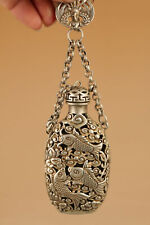 Old Tibetan Silver Hand Carved Hollow Out Fish Lotus Statue Snuff Bottle Pendant picture