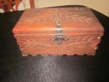 wooden storage box large leaf design carved antique latches missing hook solid picture