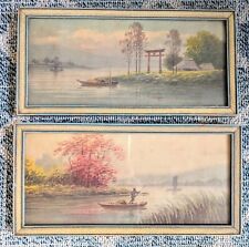 2 Antique Japanese Watercolor Original Paintings Landscape Punt Boat Asian Small picture