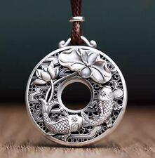 Tibet Silver Pendant Chinese Carp Fish Lotus Feng Shui Decor Gift Amulet  picture