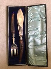 Fish Serving Serving Set - Knife Fork with Antler Handles Antique Boxed Cutlery  picture