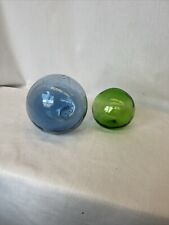 Japanese Glass Fishing Float Antique Authentic Pair 16” 12.5” Blue Green picture