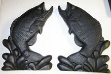 VINTAGE PAIR CAST IRON JUMPING BASS FISH ANDIRONS EXCELLENT UNUSED  CONDITION picture