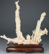 ANTIQUE RARE CHINESE CORAL STATUE FIGURE KWANYIN BOAT CARVED PINK STAND 19TH picture