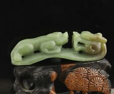 Old natural hetian  jade hand-carved statue double dragon belt hook pendant #21 picture