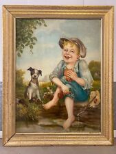 🔥 Antique WPA Americana Southern Folk Art Oil Painting, Fishing Boy & Dog 1930s picture