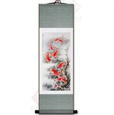 Chinese Silk Scroll Painting Nine fishs Feng shui Painting Home Decoration 年年有余 picture