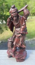 Antique - Vintage Chinese Old Man Fisherman Fish Hand Carved Hard Wood Statue picture