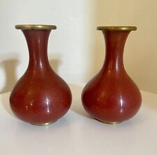 Pair of Chinese Antique Cloisonné Fish Scale Vases Rust Red picture