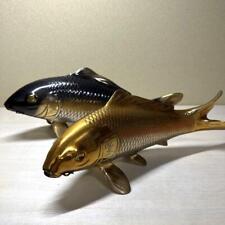 Twin Carp Koi Fish Metal Statue Couple Figurine Craft Japan Vintage Art Signed picture