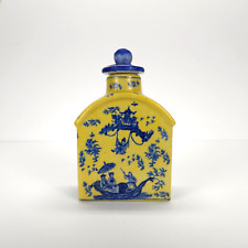Vintage Chinese tea caddy Lidded Blue Yellow Floral Man Women Boat Bottle Jar picture