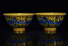 A Pair Yellow Glaze Blue&White Porcelain Hand Painted Fish Algae Pattern Cups 78 picture