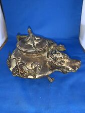 Antique bronze asian style metal teapot dragon sea serpent fish 8” Wide picture