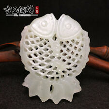China Handcarved Old Antique Natural Hetian Jade Hollow Out Double Fish Pendant picture