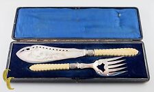 Vintage Fish Knife & Fork Serving Set Silver Plated w/ Tan Handles picture