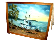 1930s OIL PAINTIN FISHING BOAT NAIVE FOLK ART NEW ENGLAND INITIAL SIGNED picture