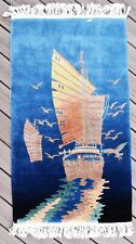 Vintage 1930 Art Deco Chinese Junk Boat w Seagulls Wool Rug - 30x52