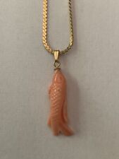 Mid Century Chinese Carved Angel Skin Coral Koi Fish Pendant picture
