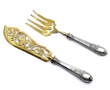 Rare Antq Ornate Motif Fish Dining Serving Set Silver Parcel Gilt Cutlery HTF picture