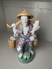 Vintage Large Porcelain Chinese Man Fishing Pink, Gold & Green Rose Familie picture