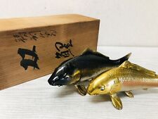 Y3285 OKIMONO Koi Fish pair figure figurine signed box Japanese antique interior picture