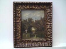 Antique oil painting -rustic landscape: lake -stream - tree canopy - wading man picture