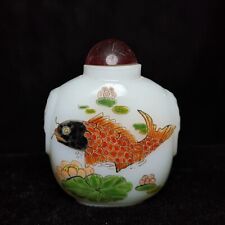 H 3 inch Old Chinese Glaze Carving Hand Painting Lotus Fish Statue Snuff Bottle picture