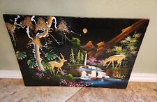 Vintage Vietnam Wood Lacquer Painting Pair of Deer Drinking Water by the Stream  picture
