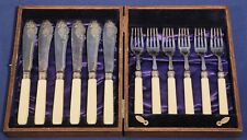 Ornate Victorian Silverplate Fish Set 12 pcs with Wooden Box + Celluloid Handles picture