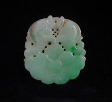 Chinese Old Hand Carving Fish and Lotus Green White Emerald Jadeite Pendant picture