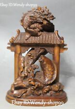 Chinese Boxwood Carving Door Gate Lotus Flower Dragon Loong Fish Animal Statue picture