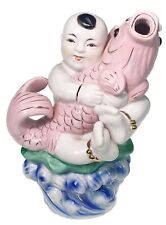 10” Porcelain Figurine Asian Boy Giant Koi Fish Pink Carp Heavy picture