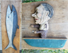 Antique Primitive Carved Wood Tackle Fishing Rod Box Old Folk Art Fisherman Fish picture