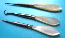 ANTIQUE 3,PEARL HANDLE SEW TOOLS,CROCHET HOOK 4 INCH,BUTTON HOOK STILETTO.3&1/2 picture