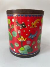 Collect China old copper enamel cloisonne hand painting fish lotus brush pot picture