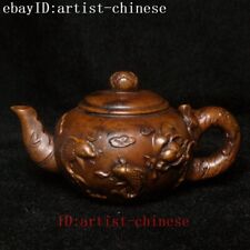 Chinese Boxwood Carved Lotus Fish Pot Shape Netsuke Fengshui Decoration L 7.8 CM picture