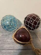 Set of 3 Vintage Glass Fishing Float Ball Buoy with Netting Blue and Purple picture