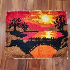 Vintage Yarn Latch Hook Sunset Bridge Trees Rug Wall Hanging Art Completed picture